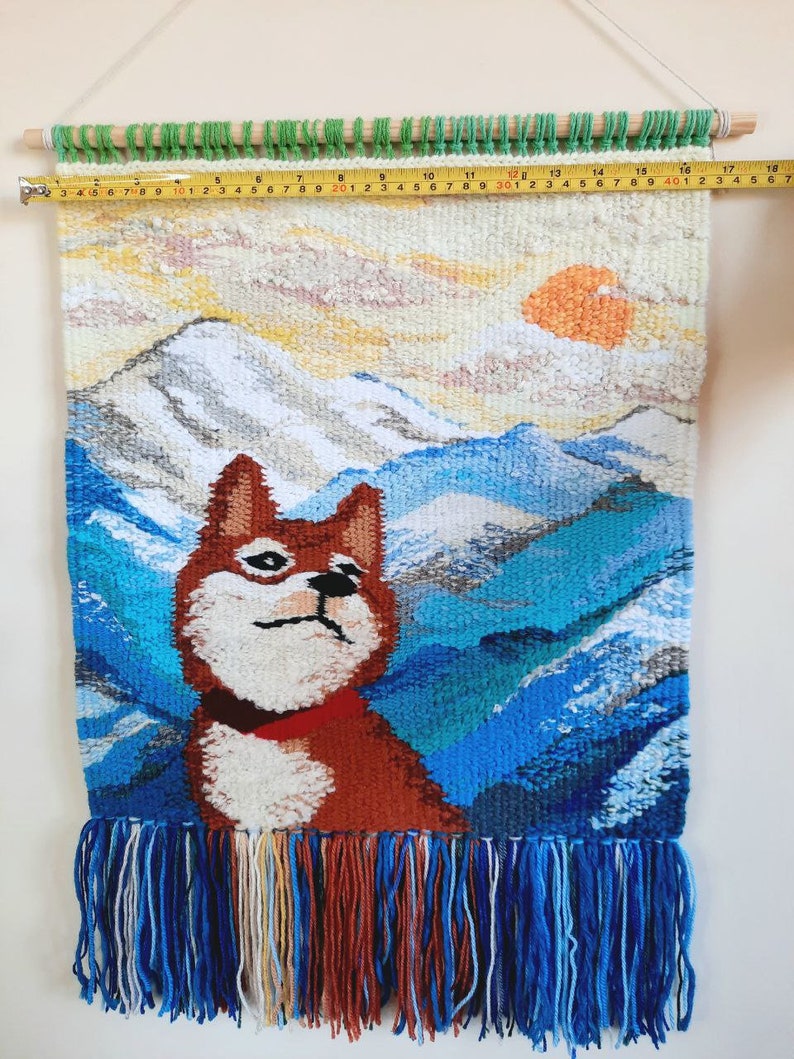 Shiba inu Wall decor Handmade Tapestry Weaving Landscape wall Art Macrame Hanging woven Woven wall hanging Textile Art Dog image 7