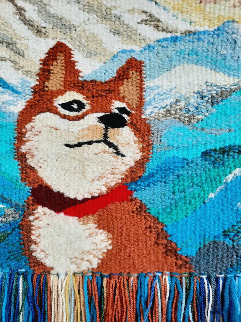 Shiba inu Wall decor Handmade Tapestry Weaving Landscape wall Art Macrame Hanging woven Woven wall hanging Textile Art Dog image 3