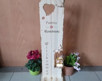 Willkommensschild haustür holz 80 cm mit Blumen |Glaslaterne |Familie |Wunschnamen |Frühlingsdeko für Eingangsbereich