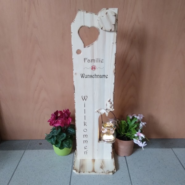 Willkommensschild haustür holz 80 cm mit Blumen |Glaslaterne |Familie |Wunschnamen |Frühlingsdeko für Eingangsbereich