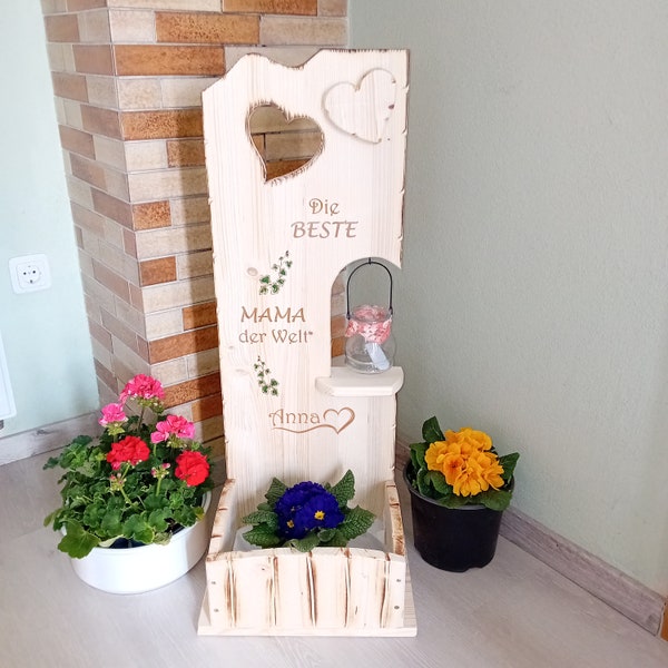 Holz Deko Schild - Die Beste Mama der Welt mit Wunschname Glaslaterne und Blumenkasten