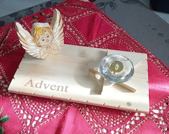 Tischdeko aus Holz Advent Angel mit Lampe und Glashalter