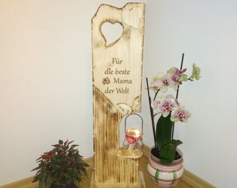 Muttertagsgeschenk für die Mama aus Holz mit Glaslaterne dunkel geflammt