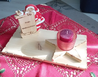 Tischdeko aus Holz, Weihnachtsmann, Frohe Weihnachten Pergament, Stern und Glas Kerzenhalter