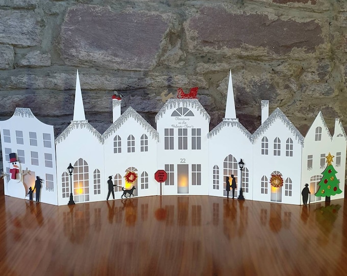 Deluxe Winter Christmas Village | Personalised Cardstock Scene with Santa, Sleigh, Tree & Snowman | Festive Home or Window Display
