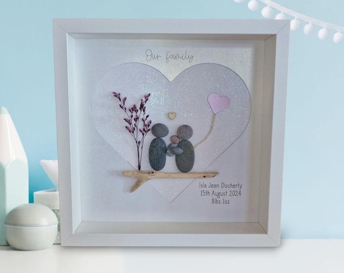 Personalised Pebble Art Family Picture – Custom Heart Frame, Baby Birth Details, New Baby Gift, Family Gift
