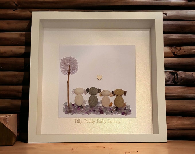 Personalised Pebble Art Picture with Dogs and Quartz Crystals – Custom Pet Portrait – Handpicked Highland Pebbles – Unique Pet Gift