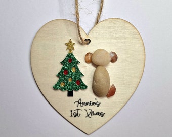 Personalised Pebble Pet Christmas Heart | 1st Xmas Gift | Custom Hanging Plaque with Dog or Cat | Handmade Pet Keepsake Decoration