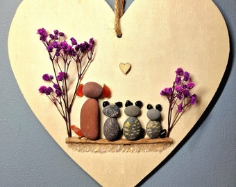 Personalised Pebble Art Family and Pet Plaque – Custom Wooden Heart with Cats, Dog, Crystals and Flowers | Handmade Gift for Pet Lovers