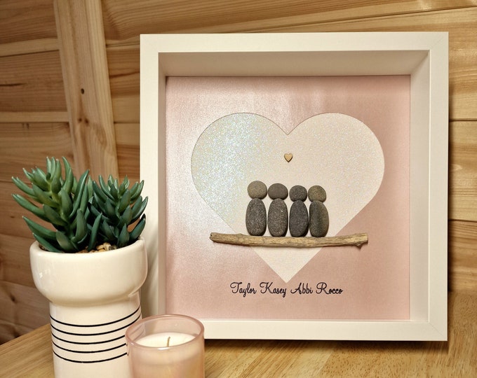 Personalised Pebble Art Couple, Dogs/Cats – Heart Frame, Custom Quote, New Home Gift, Family Portrait Wall Art