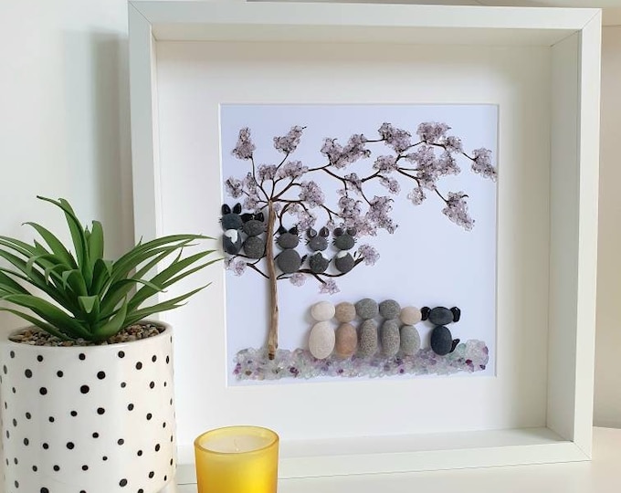 LARGE Pebble Art Picture - A Family and their Pets