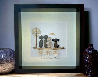 Family and Dog Pebble Art Picture – Customisable Family Pebble Art with Tree and Driftwood – Personalised Pet Family Picture Gift