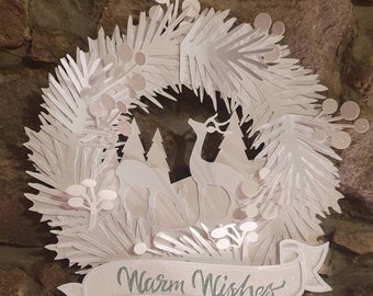 Winter Wonderland Wreath | Indoor Paper Christmas Wreath | Warm Wishes or Merry Christmas | Festive Wall Décor | Custom Xmas Wreath