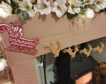 Santa’s Sleigh and Reindeer Garland | Christmas Fireplace or Window Décor | Glitter Sleigh with 9 Reindeers | Custom Colour Available