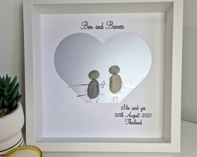 Pebble Art Picture Proposal with Handmade Engagement Ring