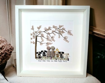 LARGE Custom Pebble Art Picture with Couple and Pets, Memorial Pebble Art, Family Portrait, Unique Pet Loss Gift, Personalised Quote