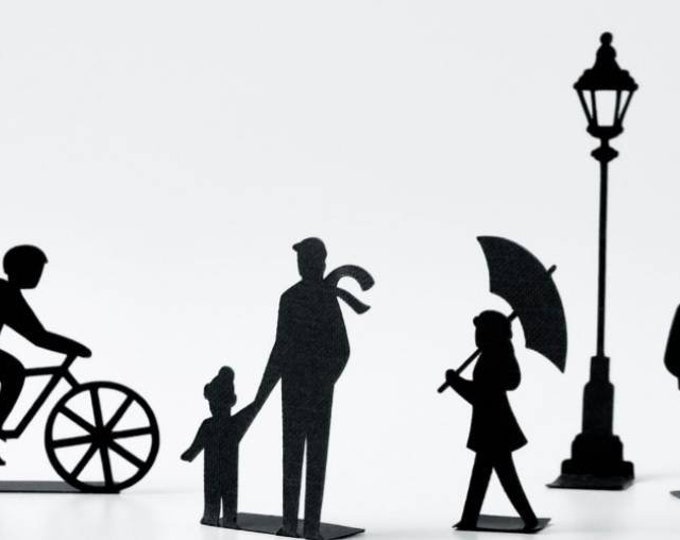 Christmas Village Silhouettes | 13 People & Object Cut-outs | Black Cardstock | Xmas Scene Props | Festive Paper Decorations