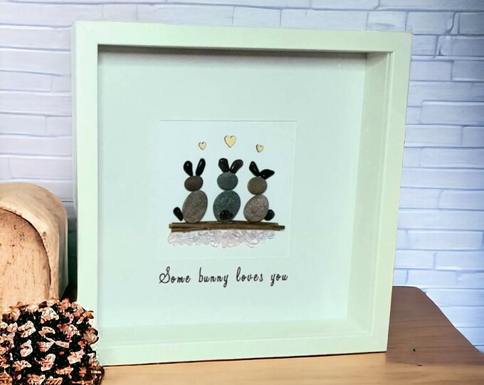 Three Bunny Pebble Art Picture with Pink Quartz Crystals – “Some Bunny Loves You” – Personalised Bunny Family Artwork