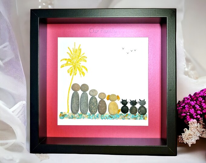 Custom Family and Pets Pebble Art Picture – Personalised Gift with Quartz Crystals and Palm Tree – Unique Home Décor