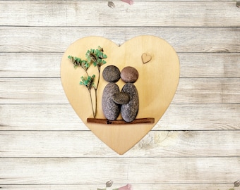 Personalised Pebble Art Heart Magnet – Custom Family Gift | Natural Wooden Log & Dried Flower Tree | Handmade Keepsake Fridge Magnet