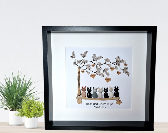 LARGE Family and Dog Pebble Art Picture – Customisable Family Pebble Art - Litter of Puppies Pebble Art Picture