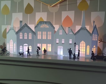 Winter Christmas Village Scene | Pre-Assembled Cardstock Houses with Glitter & Vellum Windows | Festive Mantel or Windowsill Display