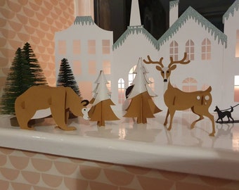 Winter Animals and Trees | Christmas Village Props | Snowy Tree and Animal Cut-outs | Festive Cardstock Décor | Xmas Scene Additions