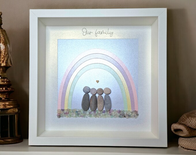 Pebble Art Picture - A family under a rainbow