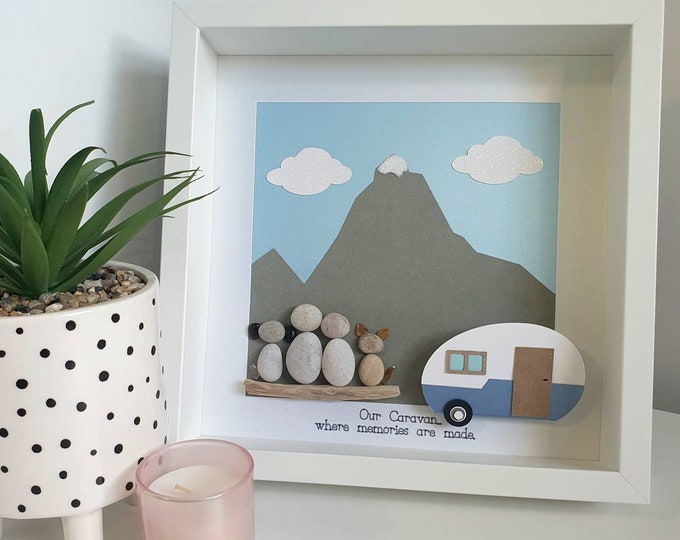 Pebble Art Picture - A family and their Caravan