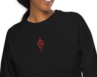 Black organic sweater with snake embroidery in red