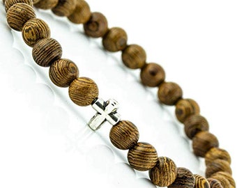 Wood Beaded Cross Bracelet for Men: Confirmation Gifts for Boys First Communion Religious Cross Statement