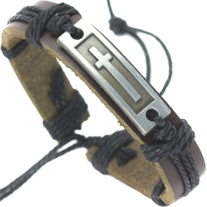 Cross Leather Bracelet for Men: Confirmation Gifts for Teenage Boy Black Brown W/ Black Rope
