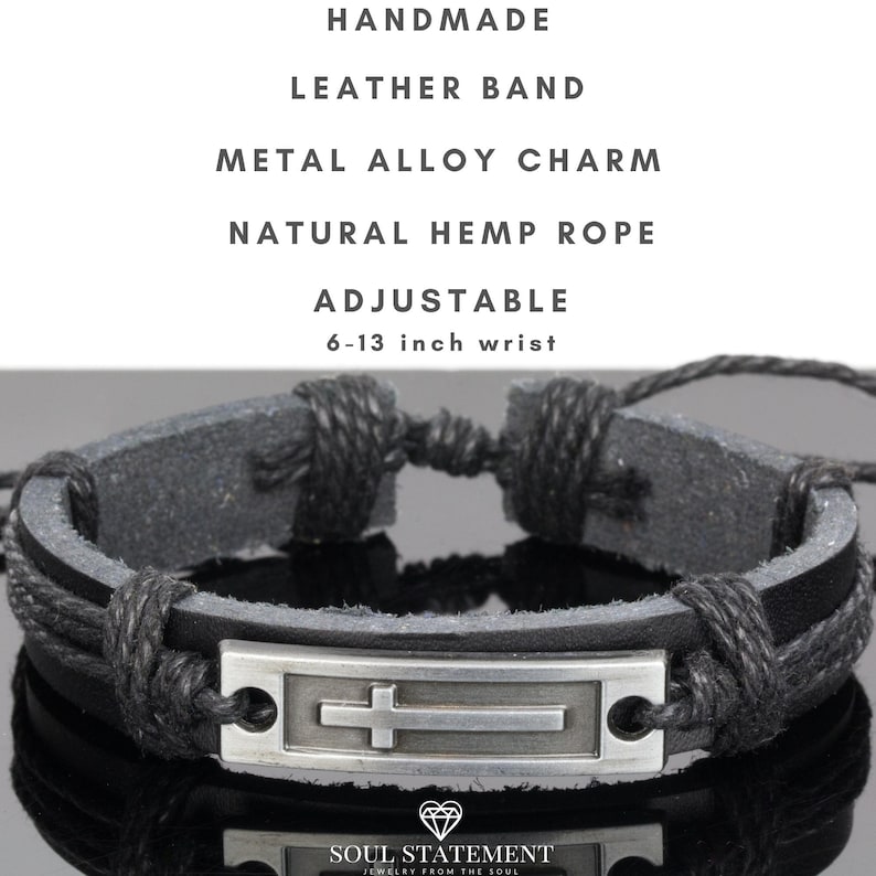 Cross Leather Bracelet for Men: Confirmation Gifts for Teenage Boy Black image 2