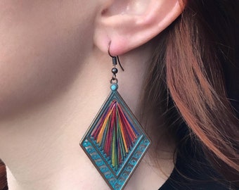 Rainbow Thread Geometric Dangle Earrings: Bronze & Teal Threader Bohemian Multi Color Jewelry for Women (Rainbow Thread)