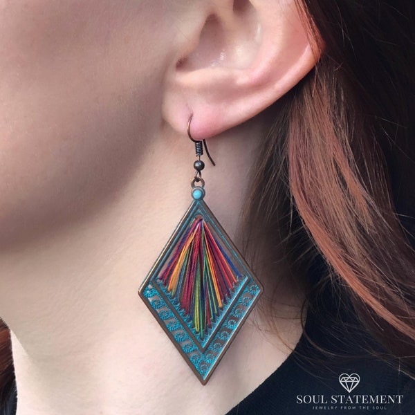 Rainbow Thread Geometric Dangle Earrings: Bronze & Teal Threader Bohemian Multi Color Jewelry for Women (Rainbow Thread)