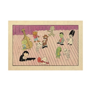 May include: A vintage-style illustration depicts a stage with cartoon monsters and creatures. A zombie plays a double bass, while Dracula plays a piano. Other characters include a mummy, Frankenstein's monster, and a skeleton.