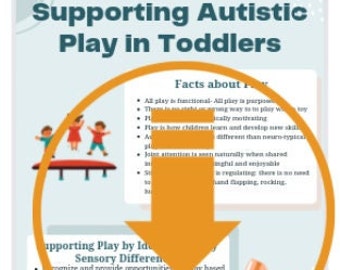Könnte beinhalten: Eine bunte Illustration von zwei Kindern, die auf einem Trampolin springen. Der Text "Supporting Autistic Play in Toddlers" befindet sich oben im Bild. Unter der Illustration befindet sich der Text "Facts about Play" in einem Kreis mit einem nach unten zeigenden Pfeil. Der Text "Supporting Play by Identifying Sensory Differences" befindet sich unten im Bild.