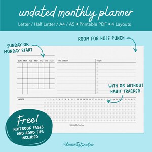 Undated Monthly Printable Planner Pages | ADHD Planner, Two Page Spread, Habit Tracker, PDF, Half Letter, Letter, A5, A4 | Digital Download