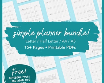Paquete imprimible de Planificador simple / Planificador de TDAH, Diario, Semanal, Mensual, Rastreador de hábitos, PDF, Media carta, Carta, A5, A4 / Descarga digital
