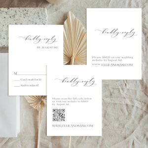 May include: A white RSVP card with a black and white QR code, the text "kindly reply" and the website address "www.ellieandsam.com".