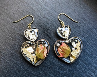 Rose Double Hearts Earrings | Handmade | Pressed Flower | Resin | 925 Silver Earring Hooks