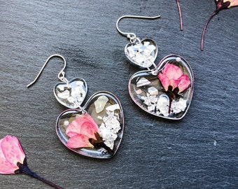 Cherry Blossom Double Hearts Earrings | Handmade | Pressed Flower | Resin | 925 Silver Earring Hooks