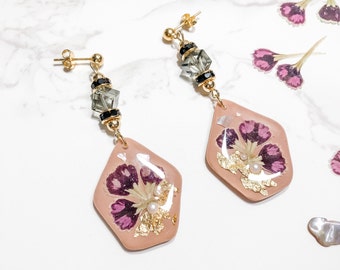 The Glamour Resin Earrings with Pressed Carnation and Gold Flakes | Dirty Pink Drop Earrings | Nature Inspired Jewelry | Birthday Gift