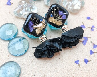 Resin Earrings With Pressed Flowers Sea Lavender and  Gold Flakes | Black Studs and Drop Earrings | Nature Inspired Jewelry | Birthday Gift