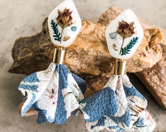Handmade 2-Way Resin Earrings with Dried Flower | Denim Blue Flower Hanging | Stud & Dangle Earrings | Nature Inspired Jewelry | Gift