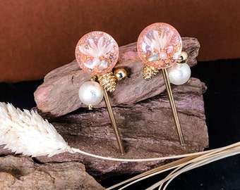 Dried Phalaris with 14K Gold Plated Pinecones Handmade Earrings | Glittering Pink |  Cotton Pearl | Stud & Dangle Earrings | 2-Way