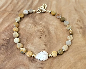 Natural Fossil Coral Anklet- Natural Engraved Leaf Shell- 18k Gold-Filled Beads- Summer Jewelry- Gift for Women- Nickel-Free- Hypoallergenic