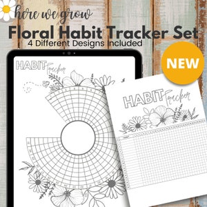 May include: A set of four printable floral habit trackers. The trackers feature a variety of floral designs and are perfect for tracking daily habits. The text "HABIT Tracker" is featured on each page.