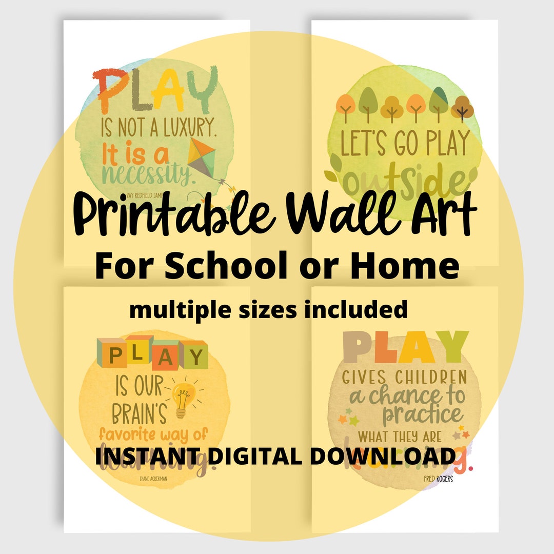 Let's Play Wall Art Set of 4, Play Quotes for School and Home