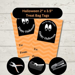 May include: Orange and white chevron patterned Halloween treat bag tags. Each tag is 2" x 3.5" and features a black ghost with the words "Happy Halloween" and "You Are Boo-Tastic!". Includes space to write "To:" and "From:"